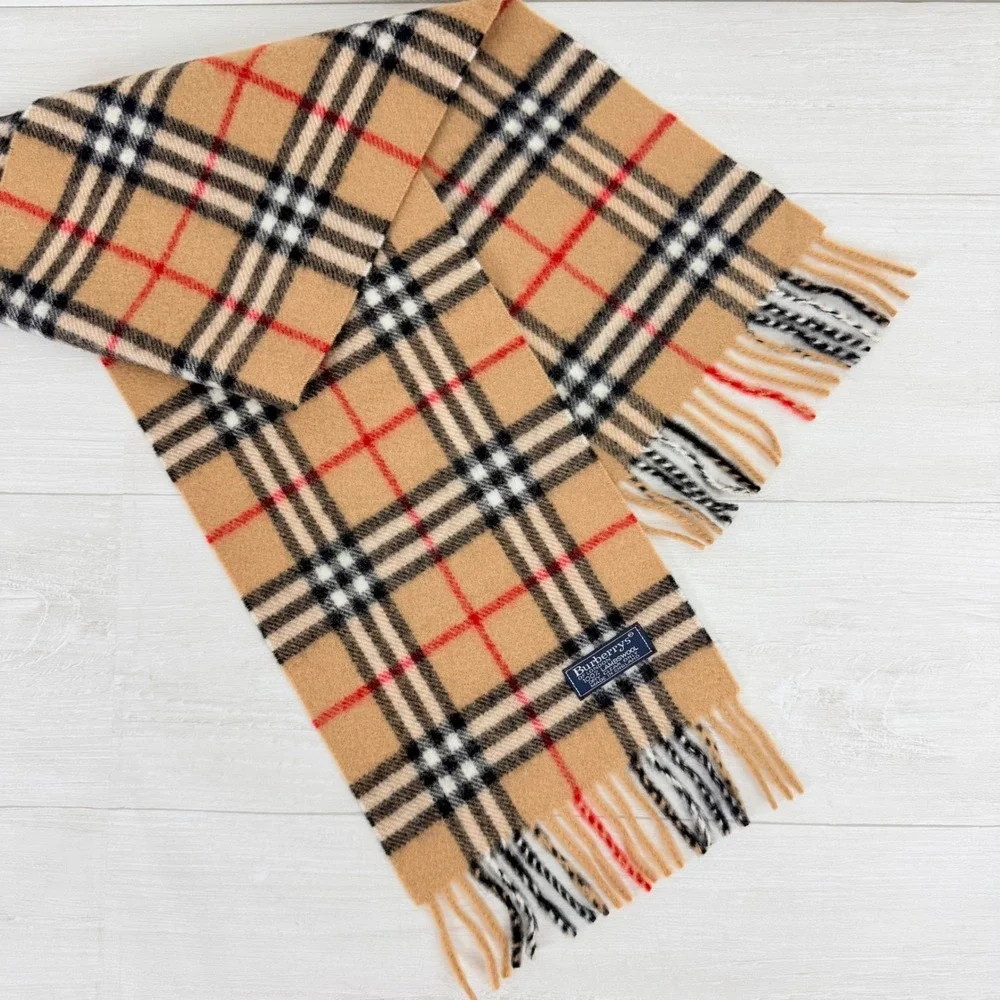 Vintage Burberrys Scarf Unisex Tan Nova Check Lambswool Made in England 8x50